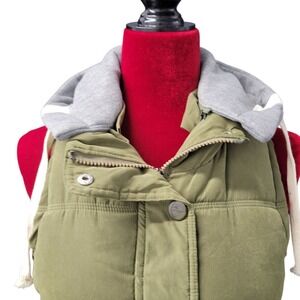 Dayiyouku Zip-On Hood Puffer Vest Olive Green/Gray Quilted Snap Button Lg G296